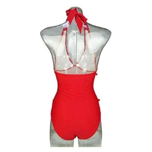 NWT COCOSHIP Plunging Neck One Piece Swimsuit Pom Pom Tassel 16 Red White - Picture 3 of 12